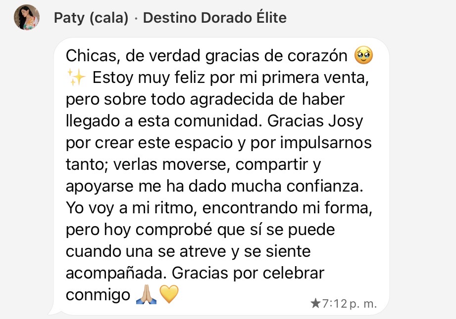 Testimonio de Paty sobre su primera venta y la comunidad