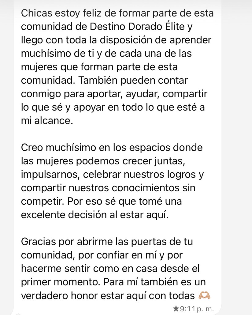 Testimonio de Daniela sobre la comunidad de Destino Dorado Élite